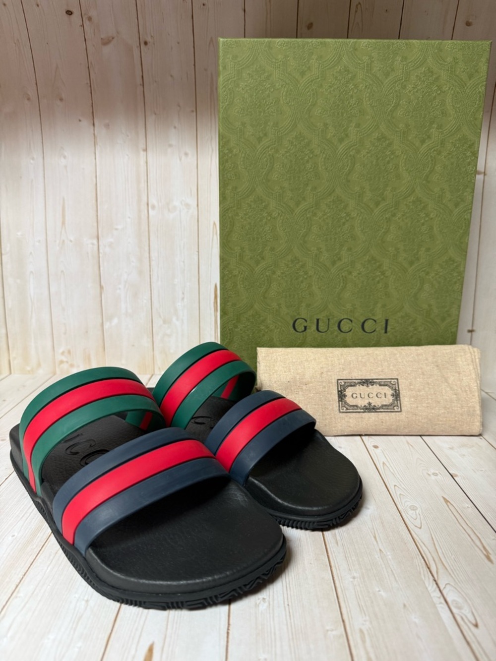 Gucci Double Strap Web Rubber Slide Sandals Multicolor Sz 8G / 8.5US